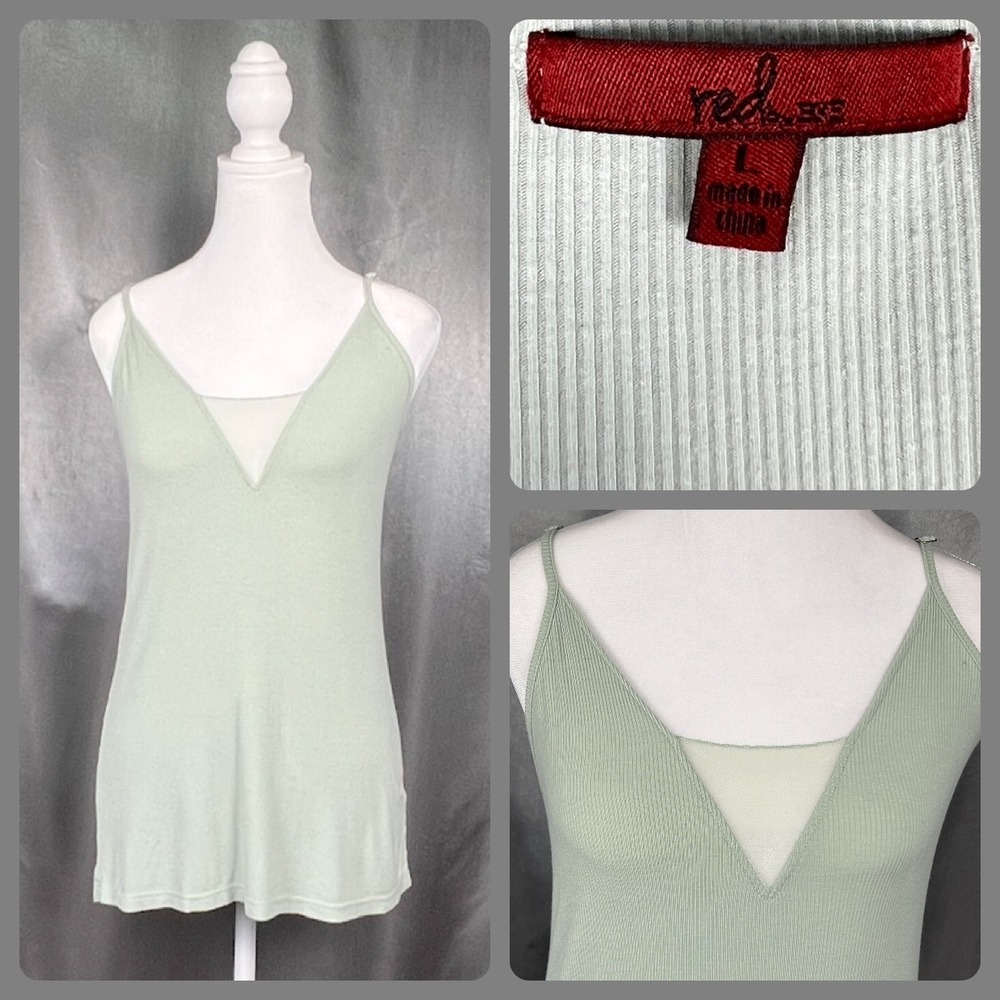 Red by BKE Sage Green Ribbed V-Neck Mesh Inset Camisole Tank Top Large Summer
